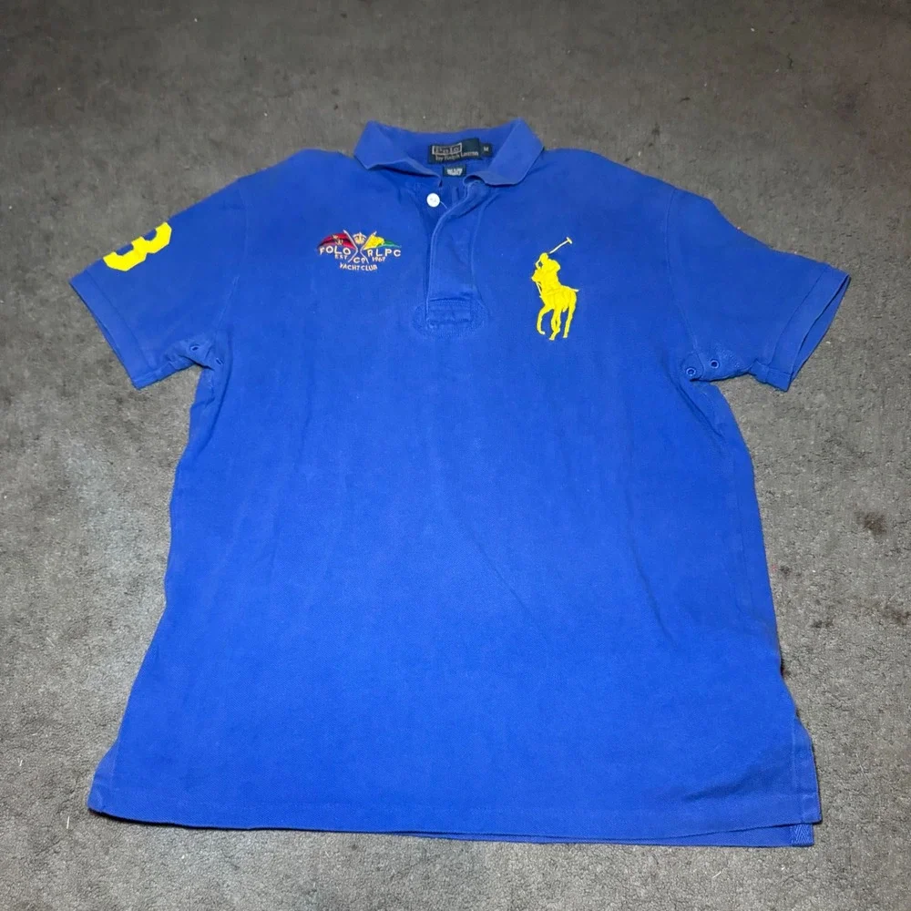 Polo Ralph Lauren Mens Big Pony Yacht Club Polo Shirt Blue Yellow Medium